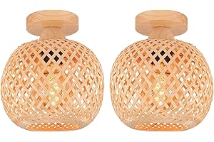 LIGKIN 2 Piezas Lámpara de Techo Bambú Boho Lámpara Techo Colgante Retro E27 Plafón Pantalla de Bambú Luce de Techo Ratán Deco para Dormitorio Salone Cocina Cafetería, Ø20cm