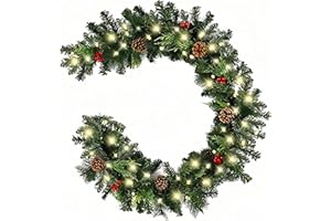 WILDFUN 6FT Christmas Garland, Christmas Garland with Lights Artificial Xmas Garland for Stairs Fireplace with Bows Red Berries and 50 LED Lights, Holiday Wedding Party Christmas Decoration