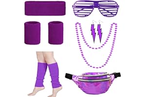Jadyon 80s Fancy Dress Costume Sports Style Set, Headband Wristbands Leg Warmers Necklace Sunglass Sweetband Set, Neon 80s Team Event Fancy Dress for Gym Sports Running Gymnastics Tennis