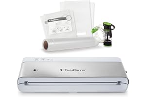 FoodSaver Compact Food Vacuum Sealer Machine with Handheld Sealer Accessory | 1 Roll & 4 Bags | Silver with White Accents [VS0100]