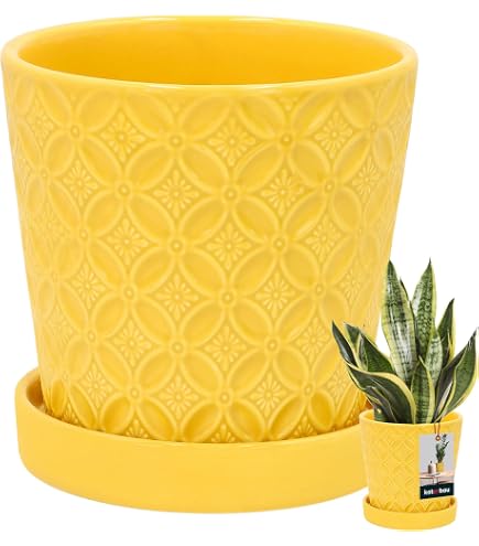 Selbstbewässernder Keramik-Blumentopf 20,3 Cm – Handgefertigt Mit Blumendesign, Gelb