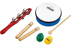 Nino Percussion NINOSET3 - Set di 7 strumenti musicali assortiti, ideali per scuole, asili e per musicoterapia (manale, clavette di legno, shaker a uovo, tamburello in ABS compresi)