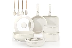 YASHE Batterie de cuisine 21 pièces, Ensemble de casseroles et poêles antiadhésifs, poignées amovibles, couvercles en verre, compatible induction, four, empilable, blanc