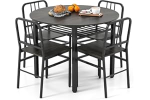 TANGZON Dining Table and Chairs Set 4, 5 Pieces Round Kitchen Table and 4 Chairs with Backrest & Storage Shelf, Space-saving Dining Room Set Furniture for Home Living Room Restaurant (Gray)