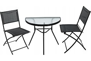 JUMI Balkonset - 2 Klappstühle mit Textilene-Stoff + Halbrund Gartentisch, Kompaktes Gartenset, Praktische Stühle für den Balkon, Glastisch, Wetterfest, Metall, Schwarz