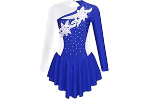 Freebily Fille Tenue Patinage Artistique Manche Longue Enfant Fleur Justaucorps Gymnastique Danse Latin Avec Culotte Strass Costume Competition Performance 5-16 Ans