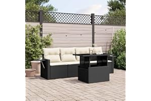 Faroom Sofa Jardin Exterior de Ratán con Mesa de Jardín de Vidrio Ajustable, Muebles Jardin, Muebles de Terraza, Set de Sofás de Comedor de Ratán con Cojines Negro 5 pzas-Type-42