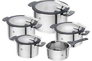 ‎ZWILLING ZWILLING Simplify Kochtopfset, 5-tlg Set, Mit integriertem Sieb im Deckel, Glasdeckel, Silikongriffen, Induktionsgeeignet, unbeschichtet, Edelstahl, Silber-Schwarz