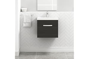 ROYAL BATHROOMS.CO.UK 500mm Wall Hung Bathroom Vanity Unit Mid Edge Basin 1 Drawer Storage Cabinet Furniture - Hale Black