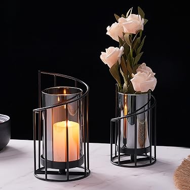 2 Photophores Cylindre Verre Noir Avec Support Métal - Pour Bougies Piliers, Déco Table Salon Jardin