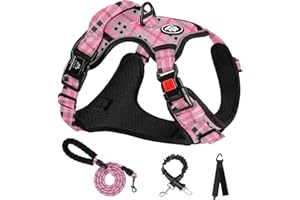 NESTROAD Dog Harness, Anti Pull Medium Dog Vest Harness and Lead Set, Pink Plaid, Size M for Medium Dogs of Neck 13~17" Chest 17-25", Reflective No-Choke Escape Proof Pets Accessories for Training