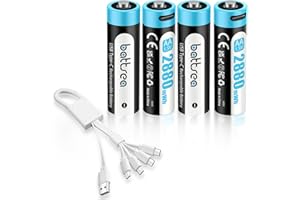 Battsea Batteria AA da 1,5 V con USB, C 4 batterie AA, ricaricabile USB C, AA, ricaricabile, 2880 mWh, 0,8 H, ricarica rapida, 1600 cicli, batterie agli ioni di litio AA, compatibile con