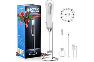 ‎CAVN CAVN Elektrischer Milchaufschäumer mit Edelstahlständer, 2 in 1 Doppeltem Quirl 3-Gang USB Aufladbar Handheld Milchaufschäumer Mixer Milk Frother Milchschaum Eier Schlagen für Kaffee Latte Cappuccino