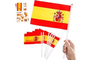 ZSYIULIA 10pcs Small Spain Flag on Sticks & 2pcs Temporary Tattoos, Mini Spanish Hand Held Flag for Football 2024 Sports Games Events Celebration Party Decorations