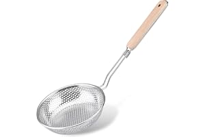 TENTA TENTA KITCHEN Stainless Steel Micro-perforated Skimmer Strainer,Pasta Noodle Net Basket with Bamboo Handle(25 Ounce)