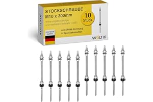Avoltik Stockschrauben Edelstahl M10 x 300 mm ohne Adapterblech I 10 Stück I wetterfeste M10 Stockschrauben mit Dichtung & Sperrzahnmutter