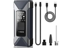 ASMAX Compresseur à Air Portatif 7500mAh, 11 BAR/160 PSI Gonfleur Pneus Voiture, 4 Unités Bar, PSI, kPa, KG/CM, pour Voiture, Moto, Vélo, Ballon, Lampe d'urgence & Batterie Externe Mobile - T10