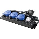 as - Schwabe Industrial Socket Strip with 3 Outlets - 1.5 m H07RN-F 3G2.5 - with Protective Caps - Wall Fixing - Illuminated