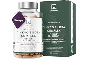 AAVALABS Ginkgo Biloba Integratore 7500mg 50:1 con Ginseng Rosso Coreano, Bacopa Monnieri, Vitamina B Complex, Zinco - Nootropico Integratore Memoria e Concentrazione, Metabolismo, Circolazione - 180 capsule