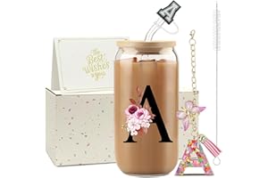 ZIOSINM ZIOISNM A-Z Lettre Verre avec Paille 500 ml Verre Matcha avec Couvercle Cadeau Femme Idéal Cadeau Femme Anniversaire Noël ou Saint-Valentin pour Épouse Mère ou Couple (A)