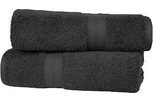 Amazon Basics Drap de Bain Grande Taille - 100% Coton Anti-décoloration, Ultra Doux et Absorbant - 70 x 140 cm, Noir, Lot de 2