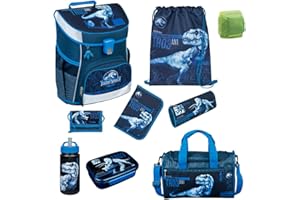 Familando Boys School Bag 1st Class · Scooli Campus Fit School Bag · Ergonomic & Lightweight · School Bag Set for Boys and Girls, Jurassic World Dinosaur Dark Blue, 9-piece set with sports bag