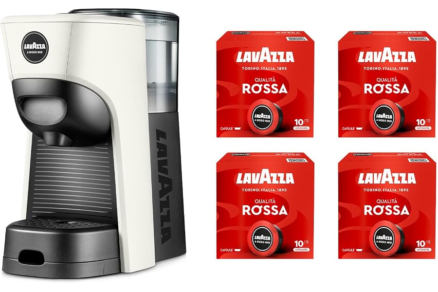 Lavazza A Modo Mio Tiny White Coffee Machine with 64 Red Quality Capsules Included, Recycled Plastic Espresso Machine, 1450 W, 220-240 V, 50/60 Hz, 0.6 Litres