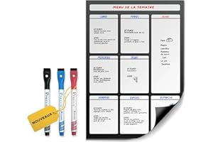 Previs Planning Frigo Magnetique Hebdomadaire A4 (21X29CM) avec 3 Marqueurs Premium - Idéal pour les listes de courses et l'organisation des menus, le travail, l'école et la semaine en famille.