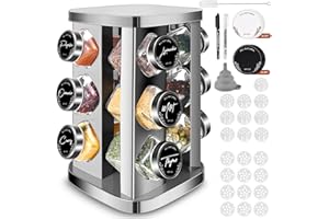 LXUDN 12 Gewürzgläser mit Regal,360°Gewürzregal mit Gläsern,4oz Gewürzgläser Eckig Streueinsatz, Gewürzstreuer Glas Versiegeltes,Gewürzdosen Leer,Spice Jars,Gewürzbehälter Edelstahl,Gewürz Organizer