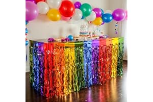 MATREEGLAM 2Pcs Rainbow Party Decorations Rainbow Foil Fringe Table Skirts Rainbow Fringe Table Skirts for Birthday Wedding Bridal Shower Unicorn Pride Party Restaurant Decorations