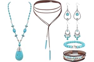 Kakonia 8Pcs Turquoise Jewelry Boho Bohemian Jewelry for Women,Turquoise Necklace Vintage Turquoise Statement Dangle Earrings Boho Leather Cuff Bracelet Stretchable Turquoise Jewelry Set
