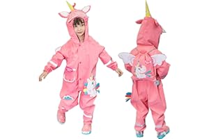 JinBei Impermeabile Bambino Antipioggia Giacca Tuta Bambina con Cappuccio Traspirante Leggero con Striscia Riflettente Poncho Pantaloni Unisex per Bambini Cartone Animato 3D Bottoni Cerniera 1-8 Anni