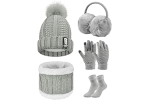 UMIPUBO Women's Winter Knitted Hat, Scarf, Ski Outing Set, Plush Ear Warmers, Beanie Hat, Touch Screen Gloves, Earmuffs, Stockings for Outdoor Sports