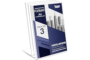 DASHER PRODUCTS Porte-Document A4 Incliné en Acrylique Transparent, Pack de 3. Présentoir de comptoir, publicité, cadre photo, pancartes, brochures, dépliants, menus, affichage. Maison, bureau, magasin, restaurant