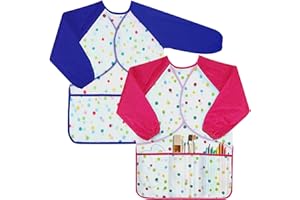 YAKLEE Kids Art Aprons 2Pcs Waterproof Painting Aprons for Kids Long Sleeve Kids Aprons Children's Painting Aprons with 3 Roomy Pockets, Toddler Painting Aprons for Craft Painting Cooking
