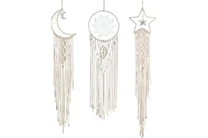 DUGYIRS 3 Pièces Attrapeur Rêves Macramé Tenture Murale Boho Décoration Murale Soleil Lune Étoile Bohème Chic Art Décor pour Appartement Fille Cadeau