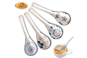HENGRONGSHEN Hengongshen azjatyckie łyżki do zupy, 4 unikalne wzory ramen łyżeczki ceramiczne łyżki chińska ceramika, chińska łyżka do zupy Pho, wontons, pierogi, lepkie kulki ryżowe