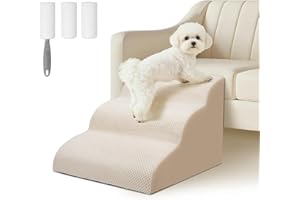 Ezvsevuo Escaleras para Mascotas de Espuma de 3 Escalones, Escalera para Perros, Rampa para Mascotas Extraíble y Lavable para Sofá o Cama, Enviar Rodillo de Pelusa, Beige