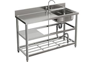 Warmiehomy Commercial Restaurant Sink 3 Tier Free Standing Sinks with Storage Shelf Stainless Steel Single Bowl Kitchen Sink Unit Outdoor Camping Washbasin with Drainer Kit, 120x50x89.5cm