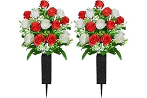 SIFOEL 2 Piezas de Flores Artificiales Cementerio con florero, Rosa Artificial Tumba Flores conmemorativas para la decoración de la lápida del Cementerio (Red & White)