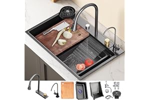 DSMRLEOP Fregadero de cascada negro, fregadero de cocina multifuncional 304 fregadero de acero inoxidable, fregadero con grifo multifuncional y otros accesorios (Color : negro, S : 68x46cm)
