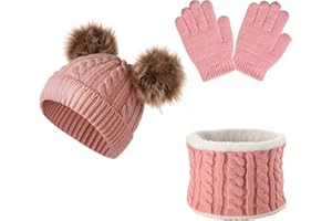 YloveM Kinderschal und Handschuhe Set, Jungen Mädchen Warmen Hut Mütze mit 2 Bommeln Strickmütze Für Kinderkinder Kinder Unisex Gestrickt Hut