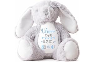 Personalised Teddy, Custom Newborn Teddy | Grey Bunny Rabbit, Baby Announcement Teddy Bear, Personalised Boys Newborn Gift Or