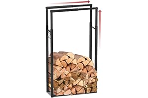 vounot Porte Bûches Télescopique Étagère à Bois de cheminée Ajustable avec 4 Crochets Stockage à Bois de Chauffage pour Intérieur et Extérieur 100x65x25cm Noir