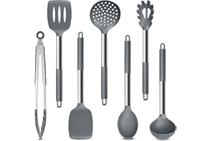 Herogo Küchenhelfer Set, 7 Stück Silikon Küchenutensilien Set, Küchenutensilienset mit Edelstahlgriff, Antihaftbeschichtetes, Hitzebeständiges Silikon zum Kochen, Leicht zu Reinigen, Spülmaschinenfest