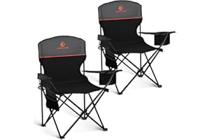 ALPHA CAMP Set of 2 Folding Camping Chairs with Cooler Bag & Cup Holder & Side Pocket Up to 120kg, Lightweight and Portable Camping Chair for Adults, Black
