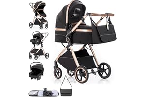 Gcarebb 3 in 1 Prams Travel System, Pushchair with Height Adjustable Handle, Travel Pram with Rain Cover, Baby Stroller with Aluminum Frame for Newborn
