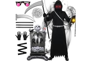 HARNYLOOM Costume Faucheuse Enfant Adulte Déguisement Halloween Hooded Robe Homme Grim Reaper Cape à Capuchon Noire Garçon Lunettes Chaînes Porte-clés Léger Hood Ballon de Pierre Tombale Ceinture Carnival