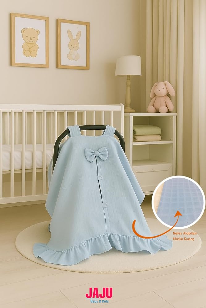Jaju Baby %100 Pamuk Fırfırlı Müslin Puset Örtüsü, Mavi