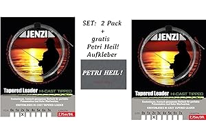 BLNTACKLE76 Jenzi Lot de 2 bas de ligne Tapered Leader 2X/0,22/0,44 + autocollant Petri Heil!